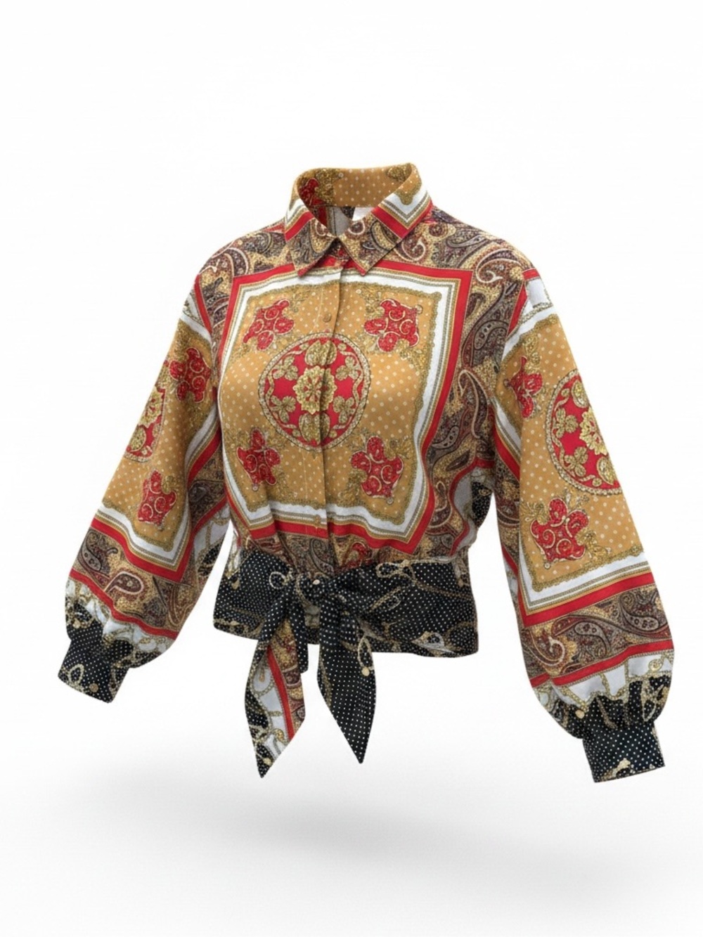 Scarf-Print Tie-Neck Blouse